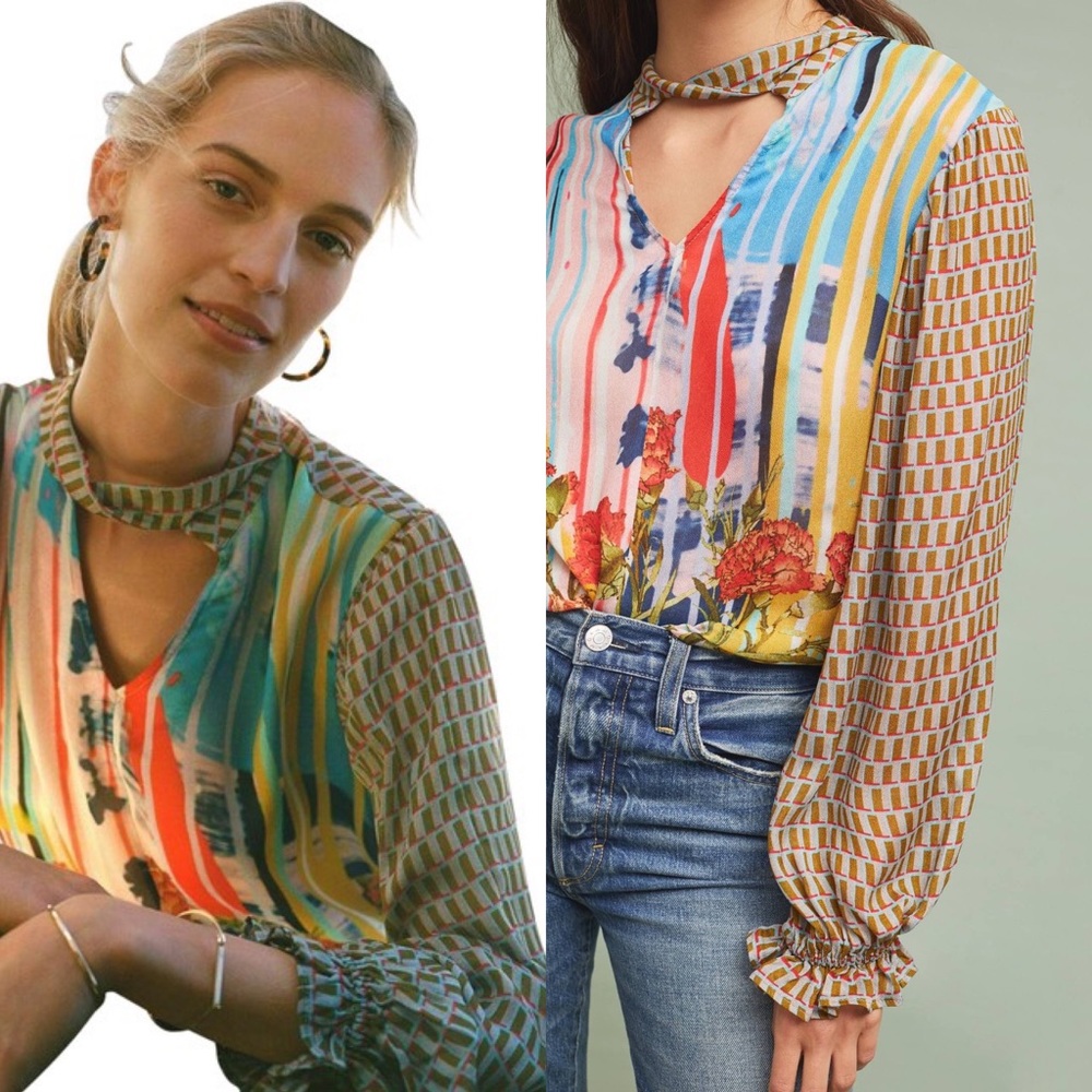 Anthropologie Multicolor Striped Floral Keyhole Blouse